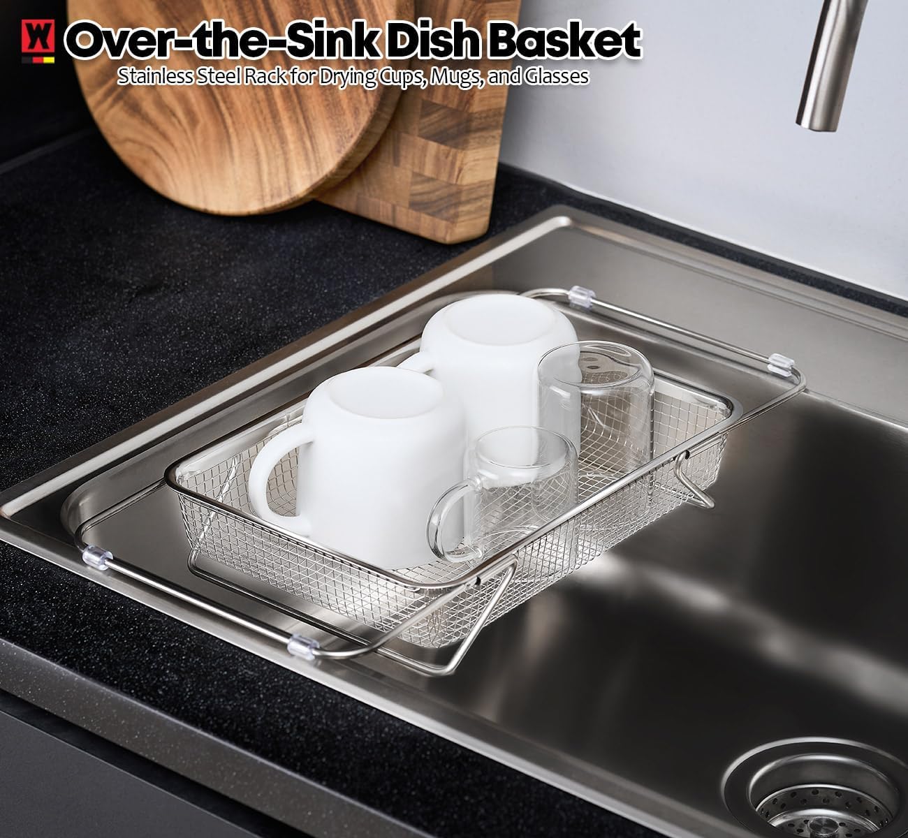 Extendable Dish Rack with Feet, Vegetable Colander Basket, Stainless Steel Dish or Silverware Drying Rack, Ultimate Kitchen Organizer Over The Sink (11.81 x 8.27 x 2.76 Inches)