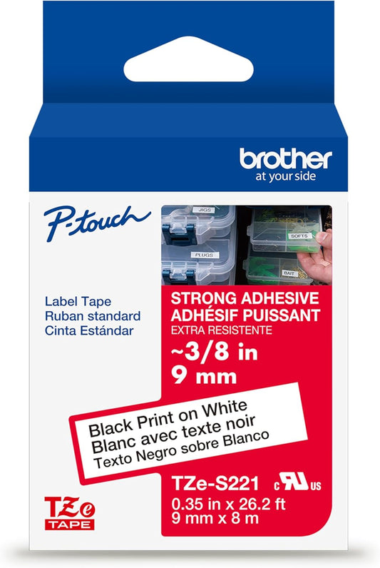 Brother Genuine P-Touch TZe Black Print on White Label Tape (TZeS221), Strong Adhesive Laminated,3/8in x 26.2ft (9mm x 8m), for Select P-Touch Label Makers, Water-Resistant, Extra Strength