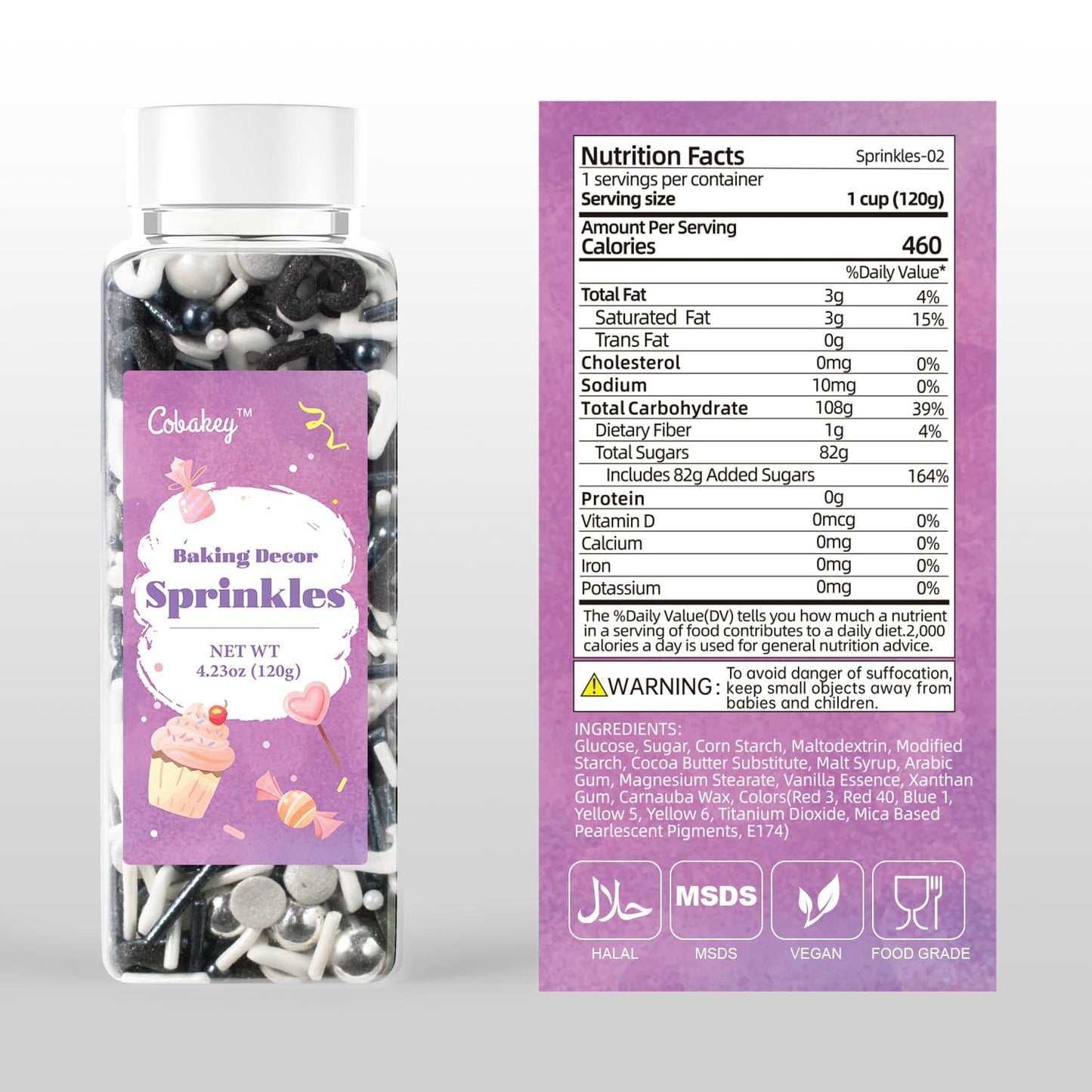 Black and White Heart Sprinkles for Cake Decorating 4.23ounce - Sugar Mix Contains Heart & Silver Pearl Sprinkles for Cupcake Toppers, Ice Cream, Candy, Cookie Decorations - Holiday Party Supplies