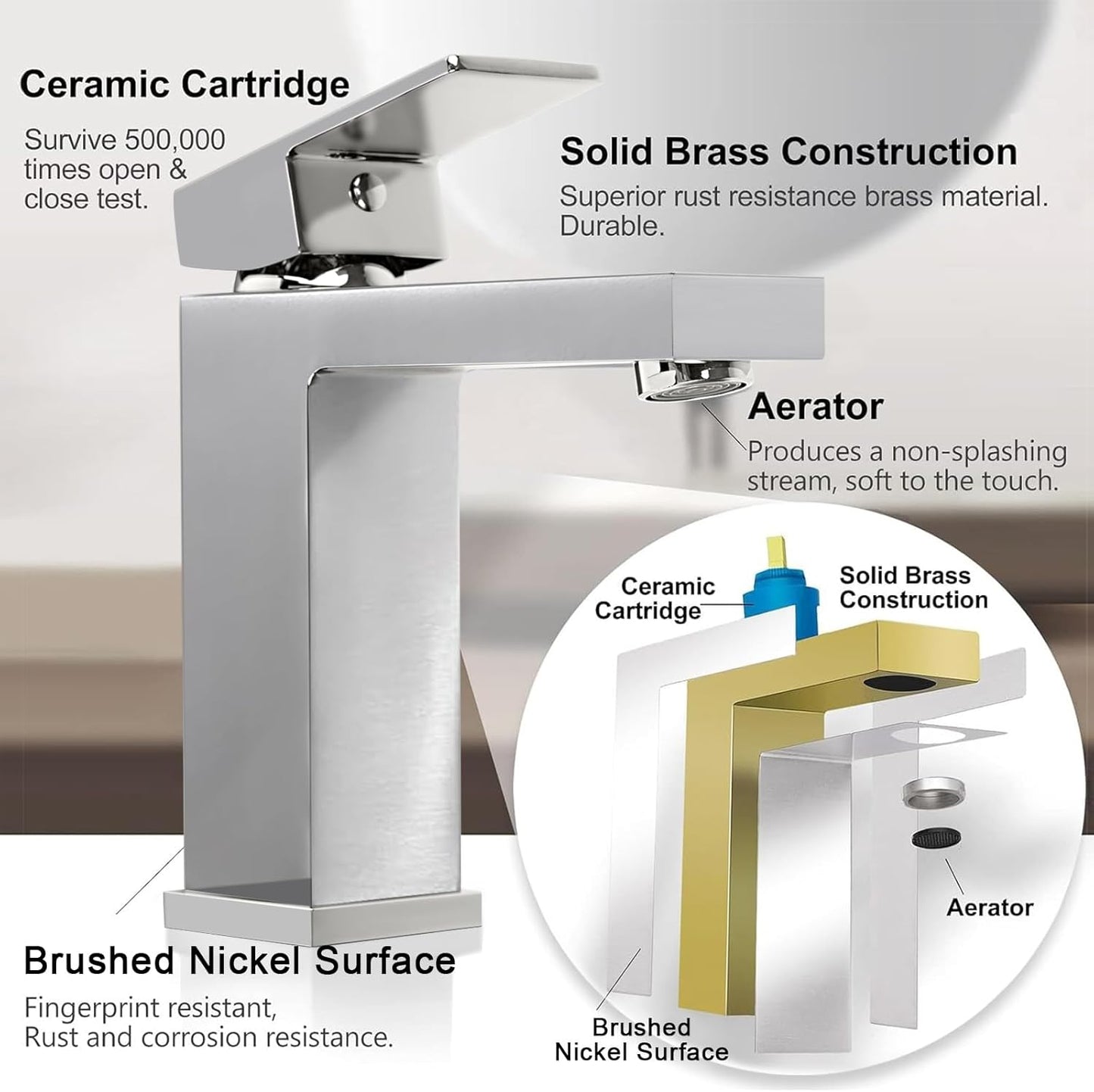 Brushed Nickel Bathroom Faucet for 1 Hole, CEC & cUPC Certified Lead-Free Solid Brass Vanity Faucet for Bathroom Sink with Pop Up Drain Stopper & Water Supply Hoses