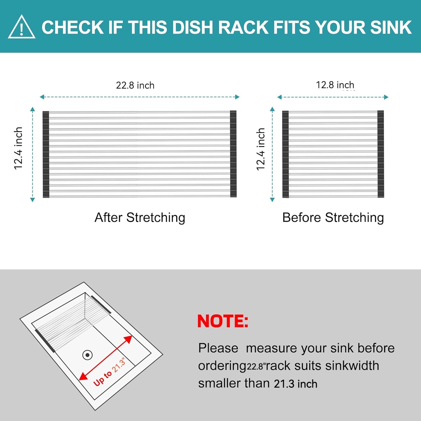 BBXTYLY Extra Expandable Roll Up Dish Drying Rack,Over The Sink Drying Rack Sink Cover Kitchen Sink Accessories Kitchen Rolling up Stainless Steel Drainer, Foldable,Rollable（Black，22.8''-12.4''）