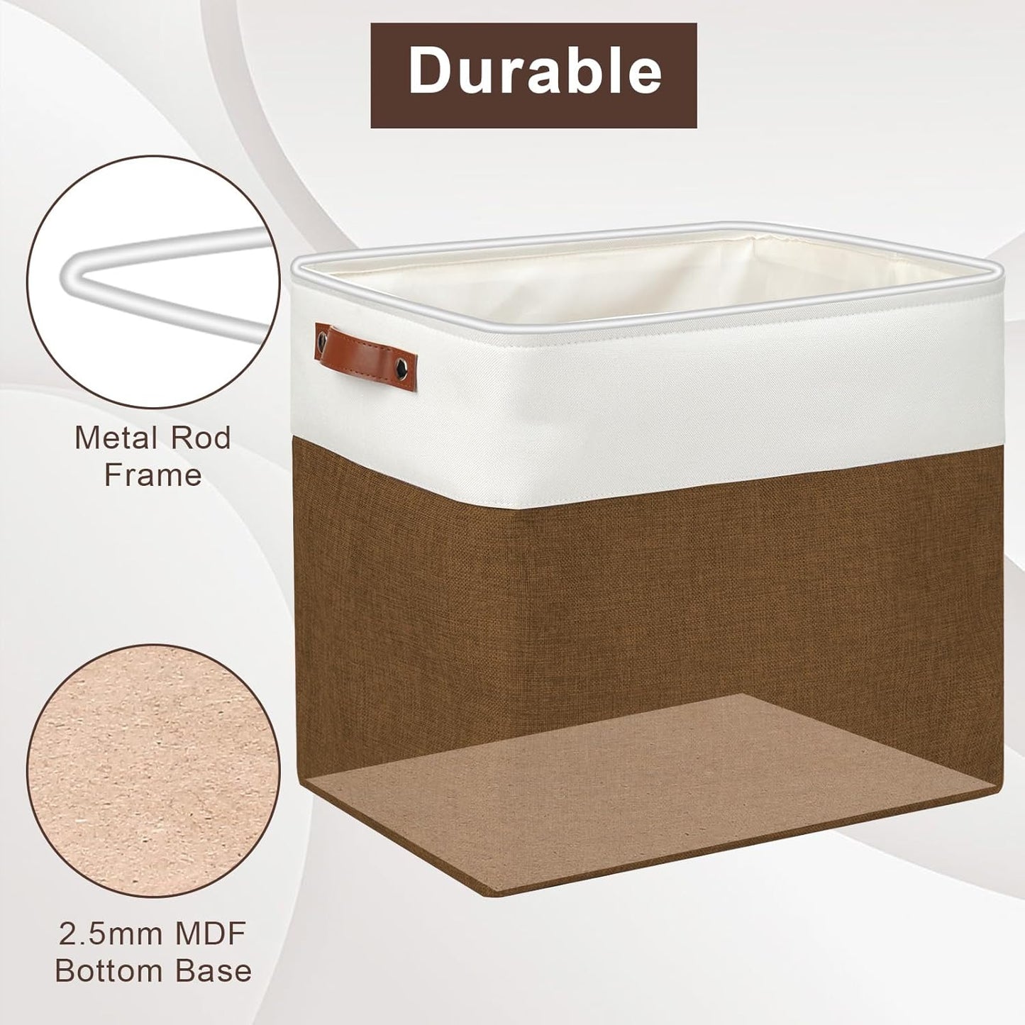 Large Fabric Storage Baskets | 50L Storage Bins, Decorative Linen Closet Baskets with Handles for Organizing, Shelf, Toys, Clothes, Home, Office, Nursery, 17x12x15Inches (Brown&White)