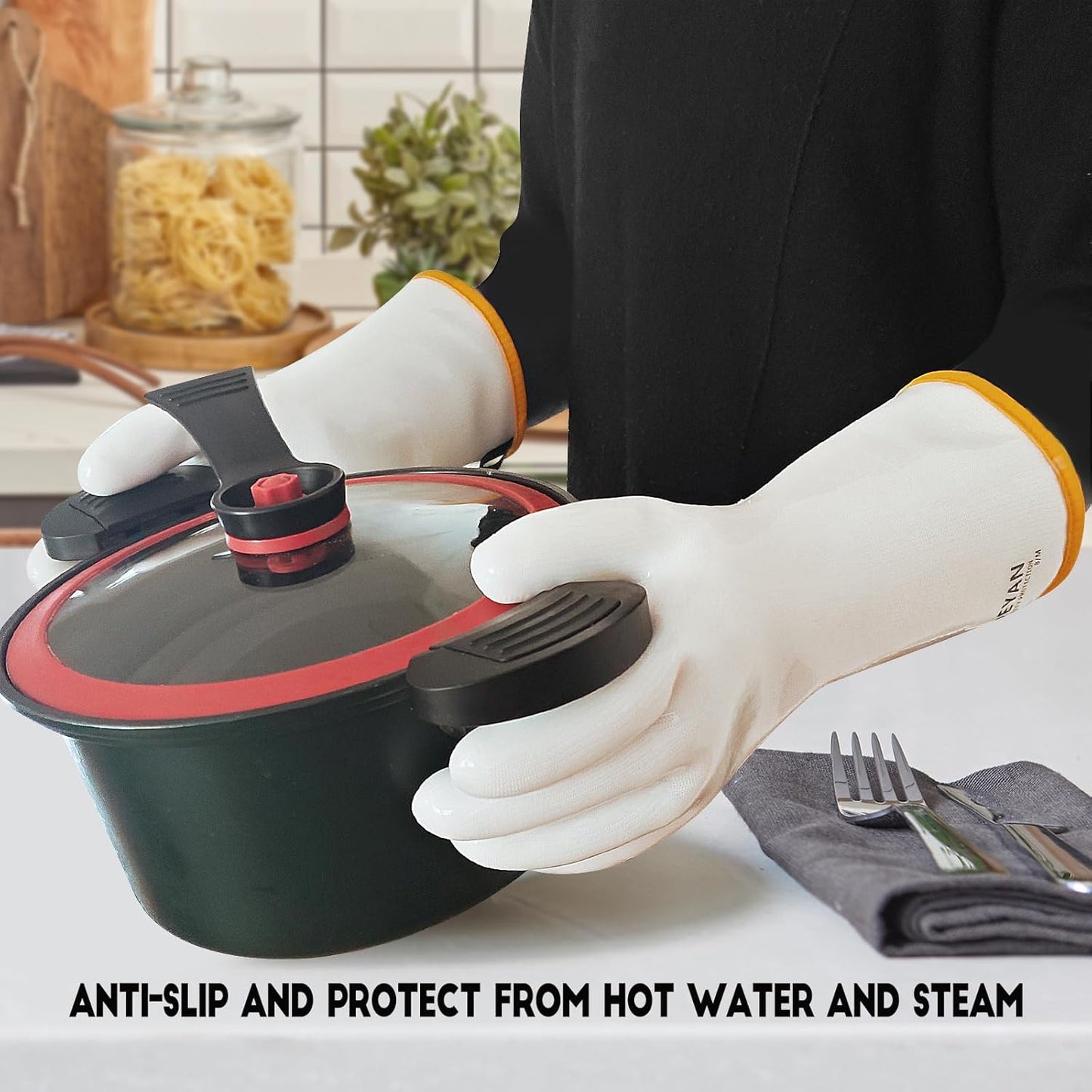 DEYAN Silicone BBQ & Oven Gloves - Food Grade, Heat Resistant Waterproof & Oil Proof Gloves for Grilling, Baking, Frying, Cooking - Long Sleeve & Non-Slip Grip, 1 Pair (White, 7/S)