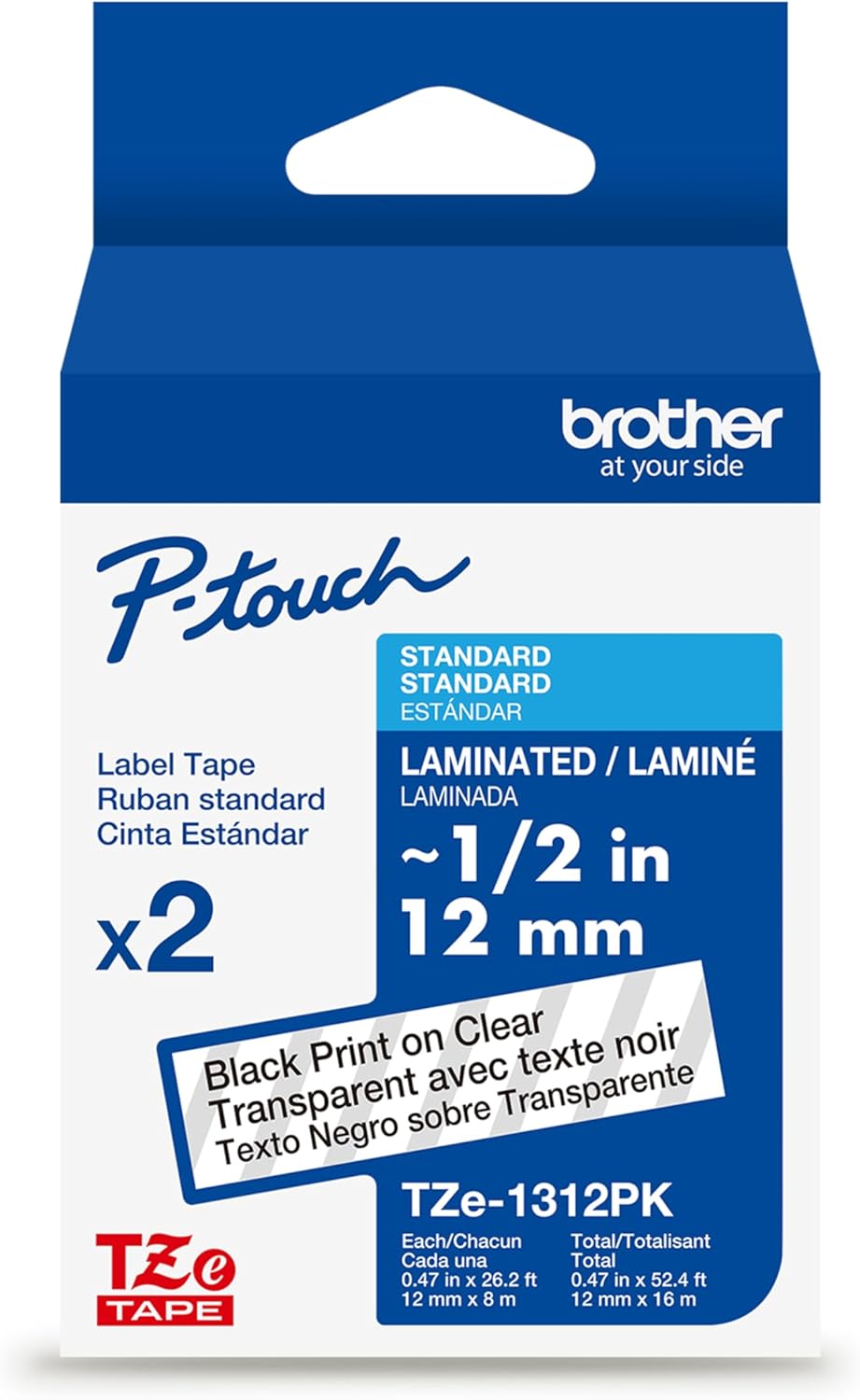 Brother Genuine TZe131~1/2" 2PK Black Print on Clear Label Tape. Each: 0.47 in x 26.2 ft (12 mm x 8 m) Total: 0.47 in x 52.4 ft (12 mm x 16 m)