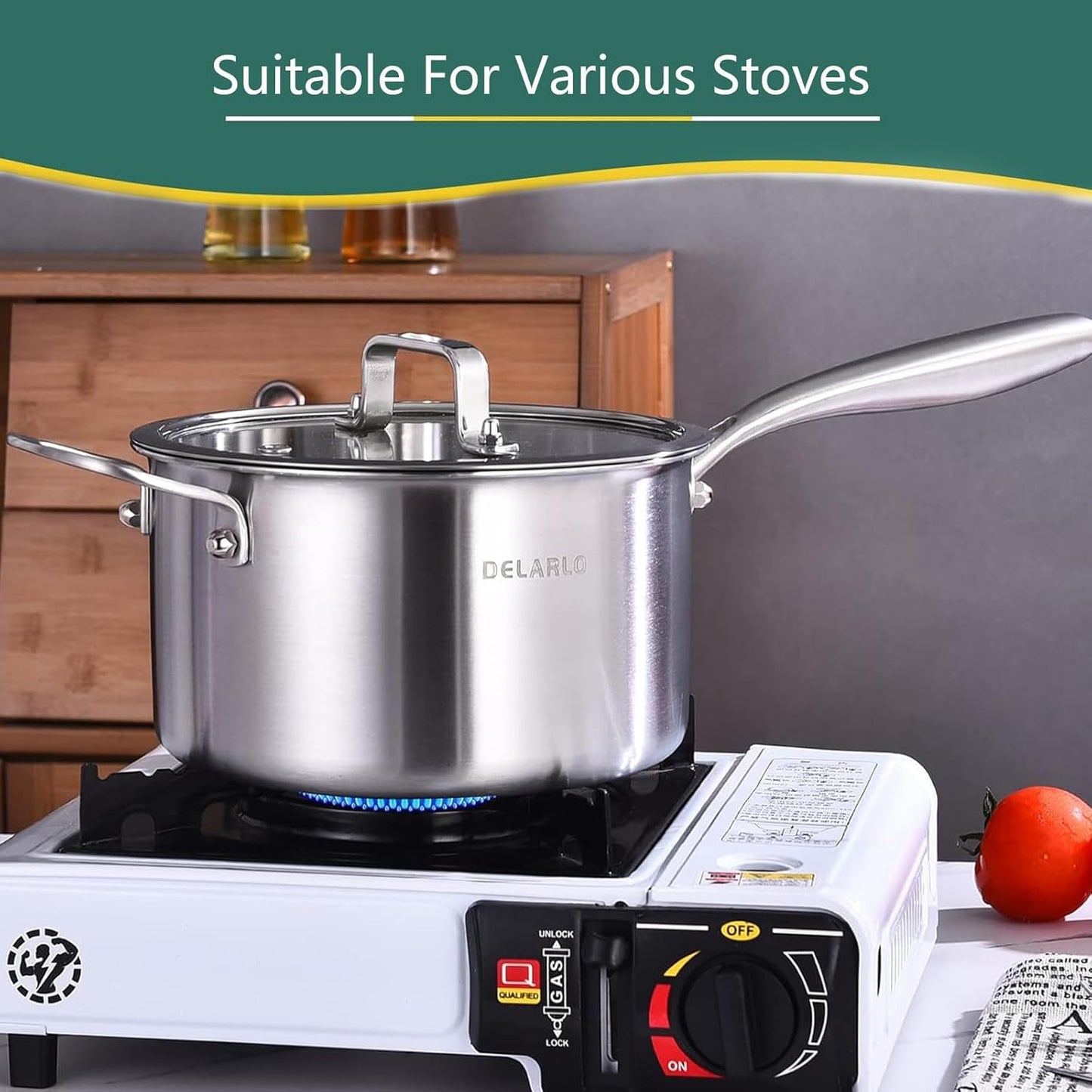 DELARLO Tri-Ply Stainless Steel Saucepan, 3.5 QT Saucepan with Lid, All Stove Compatible 600℉, Induction Sauce Pot, Heavy Duty Saucier, Dishwasher Safe Saucepan, Induction Pot 3.5 Quart, Even Heat