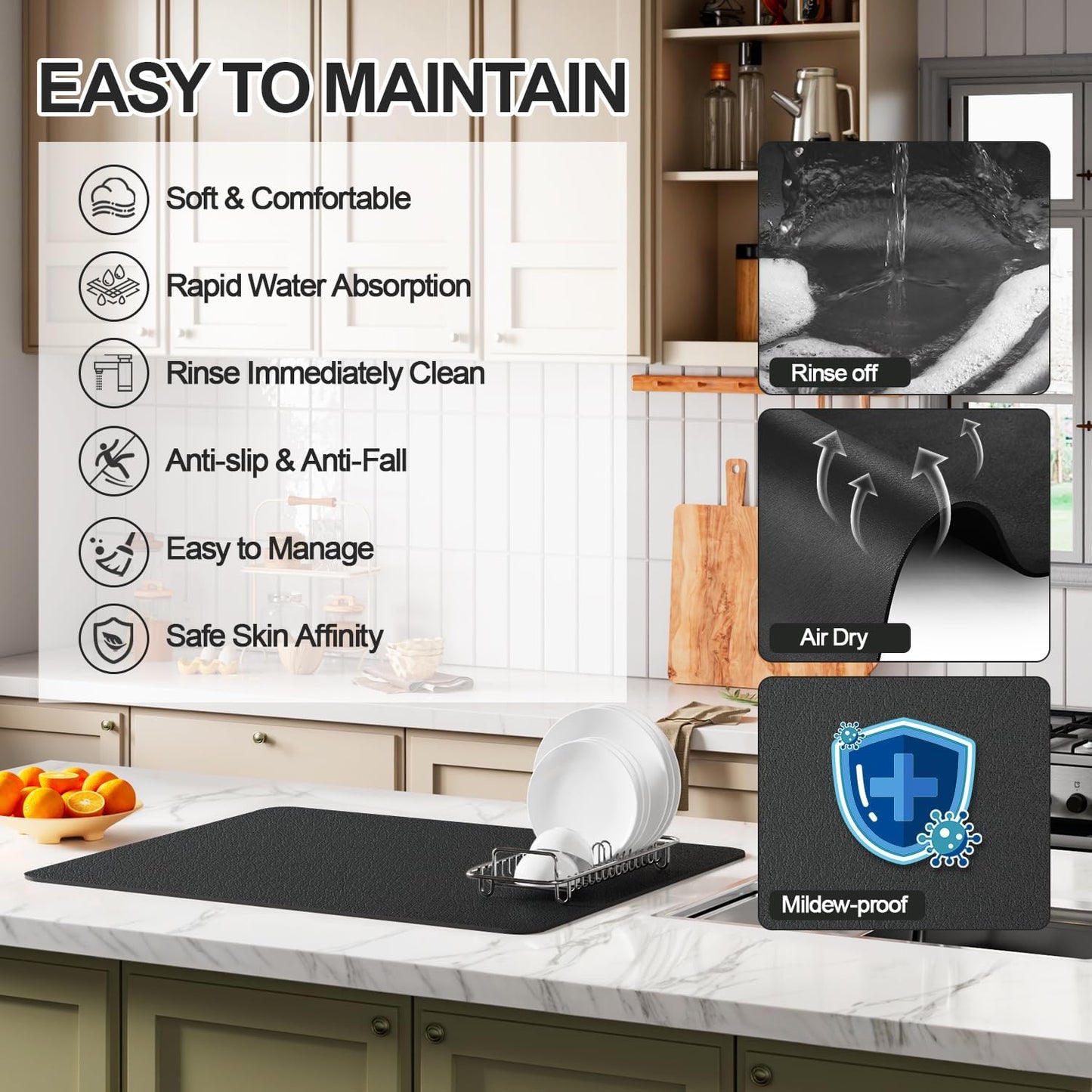 Dish Drying Mat for Kitchen Counter | Coffee Bar Mat for Countertops | Heat Resistant Drainer Mat with Non-slip Rubber Backed | Hide Stain Kitchen Absorbent Draining Mat | Black 18"x24"