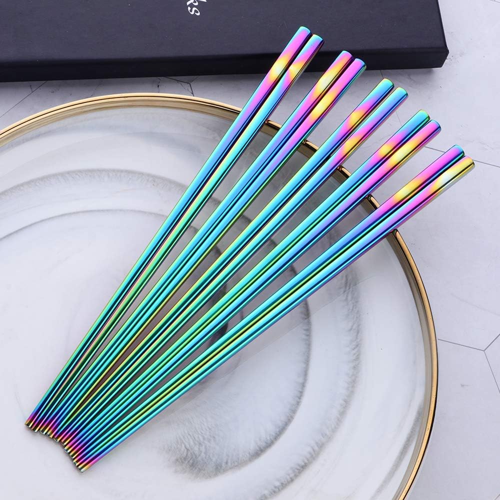 Buyer Star Rainbow Stainless Steel Chopsticks - 5-Pair Reusable Chinese Square Chopsticks