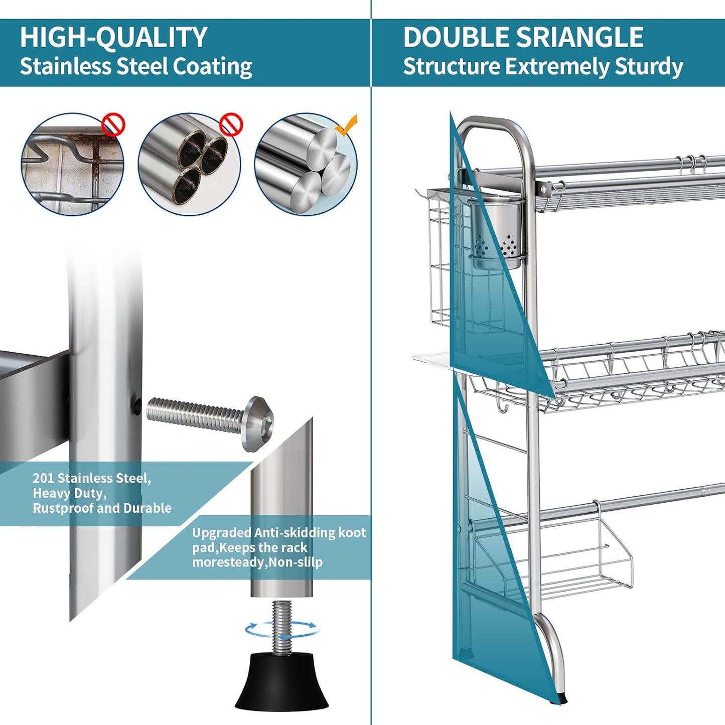 HOWDIA Stainless Steel 2-Tier Over The Sink Dish Drying Rack with Utensil Holder, Large, for Kitchen Counter