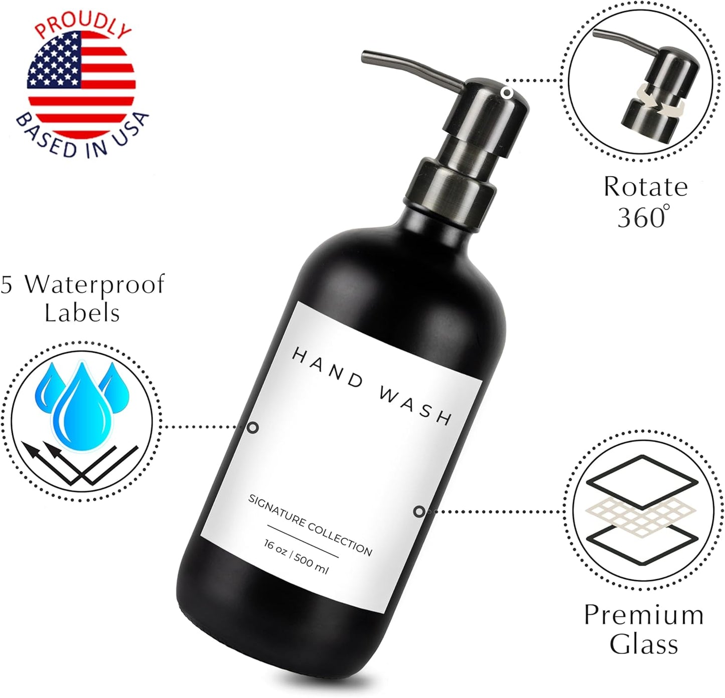 Emerson Essentials Glass Soap Bottle Dispensers, 2 Pack, Stainless-Steel Pumps Rust-Free, Hand Set for Bathroom Kitchen Sink, Liquid Lotion Shampoo Jars with 4 Waterproof Labels, 16 Oz Gunmetal