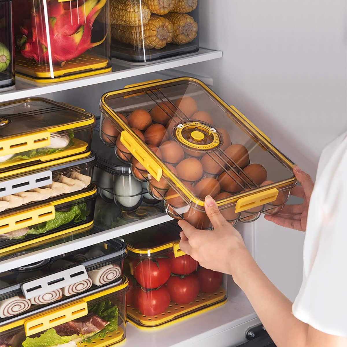 CottonColors Egg Holder for Fridge - 24 Egg Plastic Refrigerator Organizer - Stackable Storage With Lids