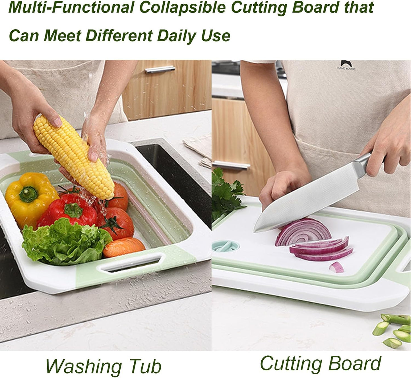Camping Collapsible Cutting Board Dish Basin BBQ Prep Tub Camp Sink Dish Washing Station Multifunctional Storage Basket(Green white)