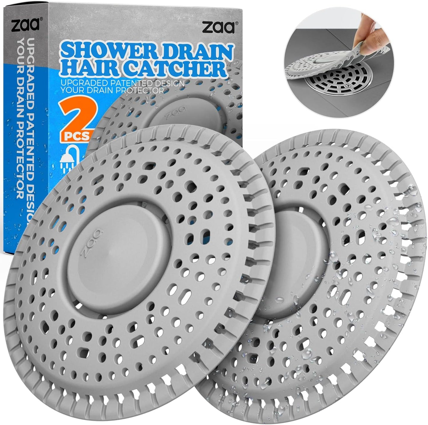 zaa Shower Drain Hair Catcher, 2 Pack Premium Silicone Drain Protector & Shower Drain Cover, Shower Installation Kits for Flat Drains of Shower Room, Bathroom, Gray