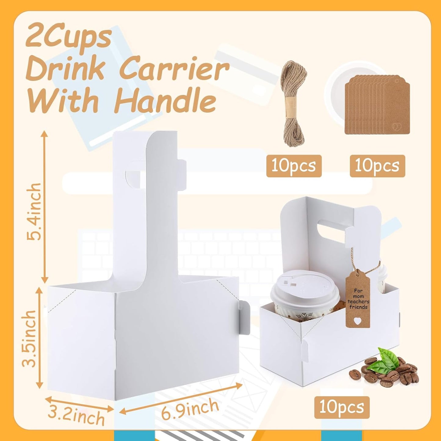 10 Pack 2 Cup Disposable Drink Carrier with Handle Paperboard Coffee Cup Holder Portable for Hot Cold Drinks Food Delivery Services with Heart Card for Teacher Appreciation Week Mother's Day
