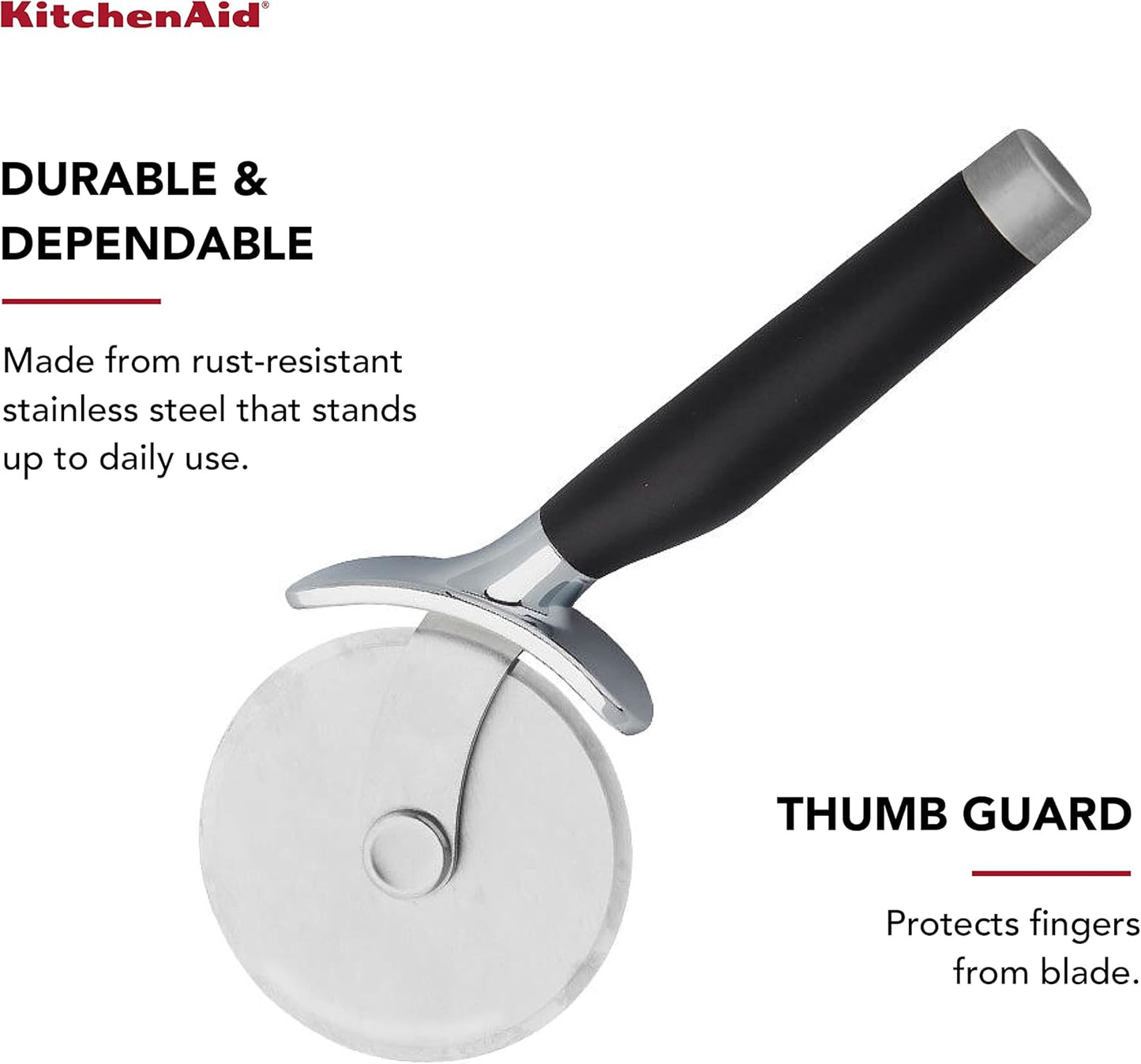 KitchenAid Classic Pizza Wheel with Sharp Blade For Cutting Through Crusts, Pies and More, Built In Finger Guard for Safety and Comfort Grip to Protect Fingers, Dishwasher Safe, 9-Inch, Black