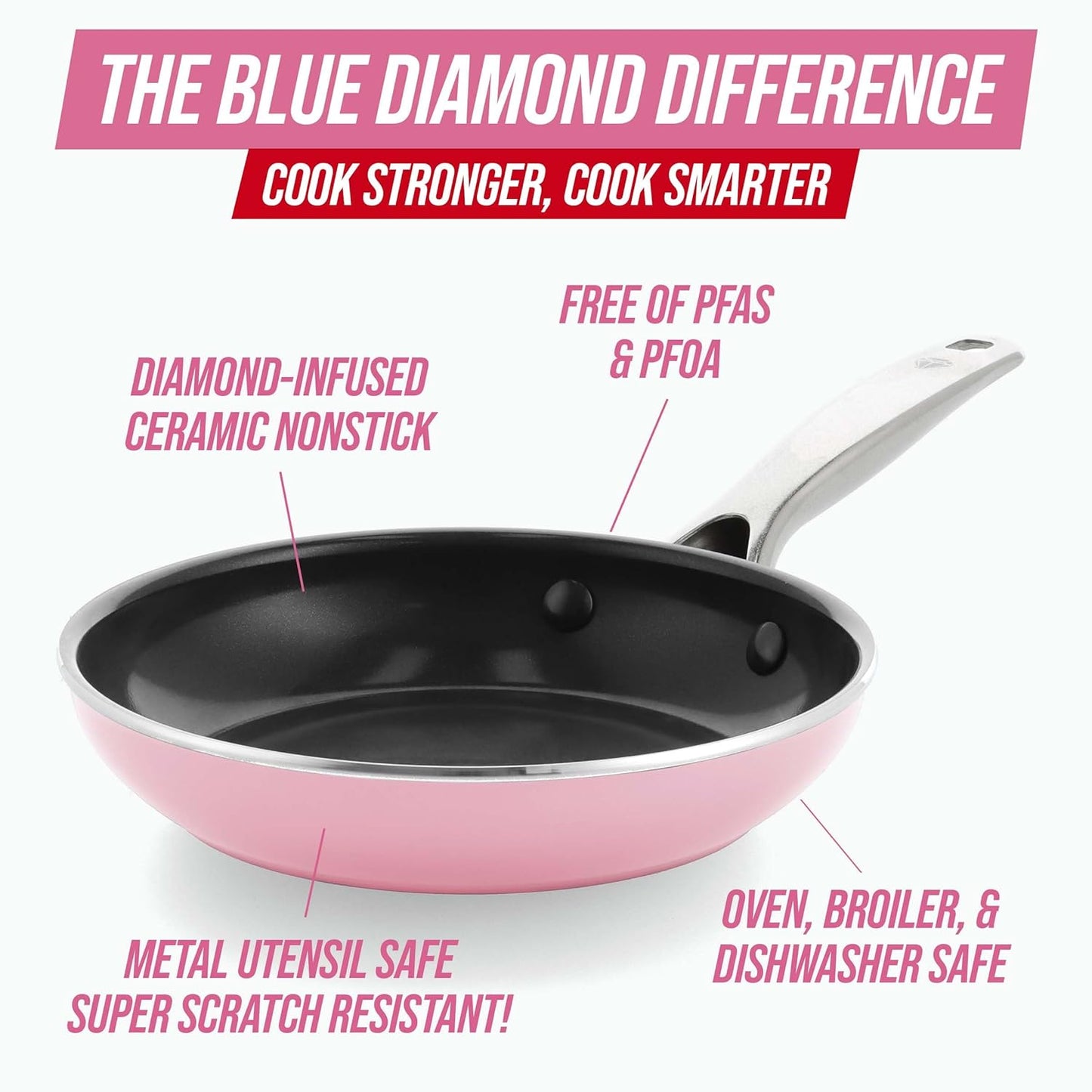 Blue Diamond 10 Piece Nonstick Cookware Set, Diamond Ceramic Pots & Pans, Dishwasher & Metal Utensil Safe, Non Toxic PFAS-Free, Kitchen Cooking Sauce & Saute Pans, Oven & Broiler to 600F, Pink