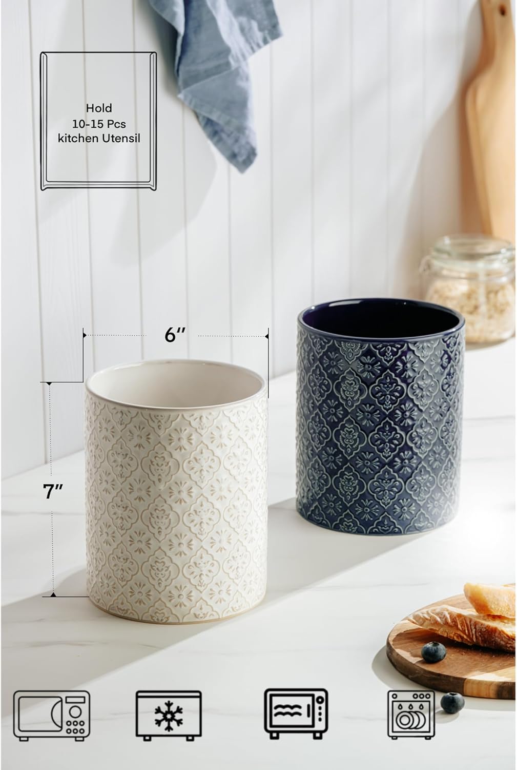 Kitchen Utensil Holder, 6x7 inch Large Ceramic Utensil Holder with Embossed Pattern, Cooking Utensil Crocks for Kitchen Countertop, Home Decor, Blue