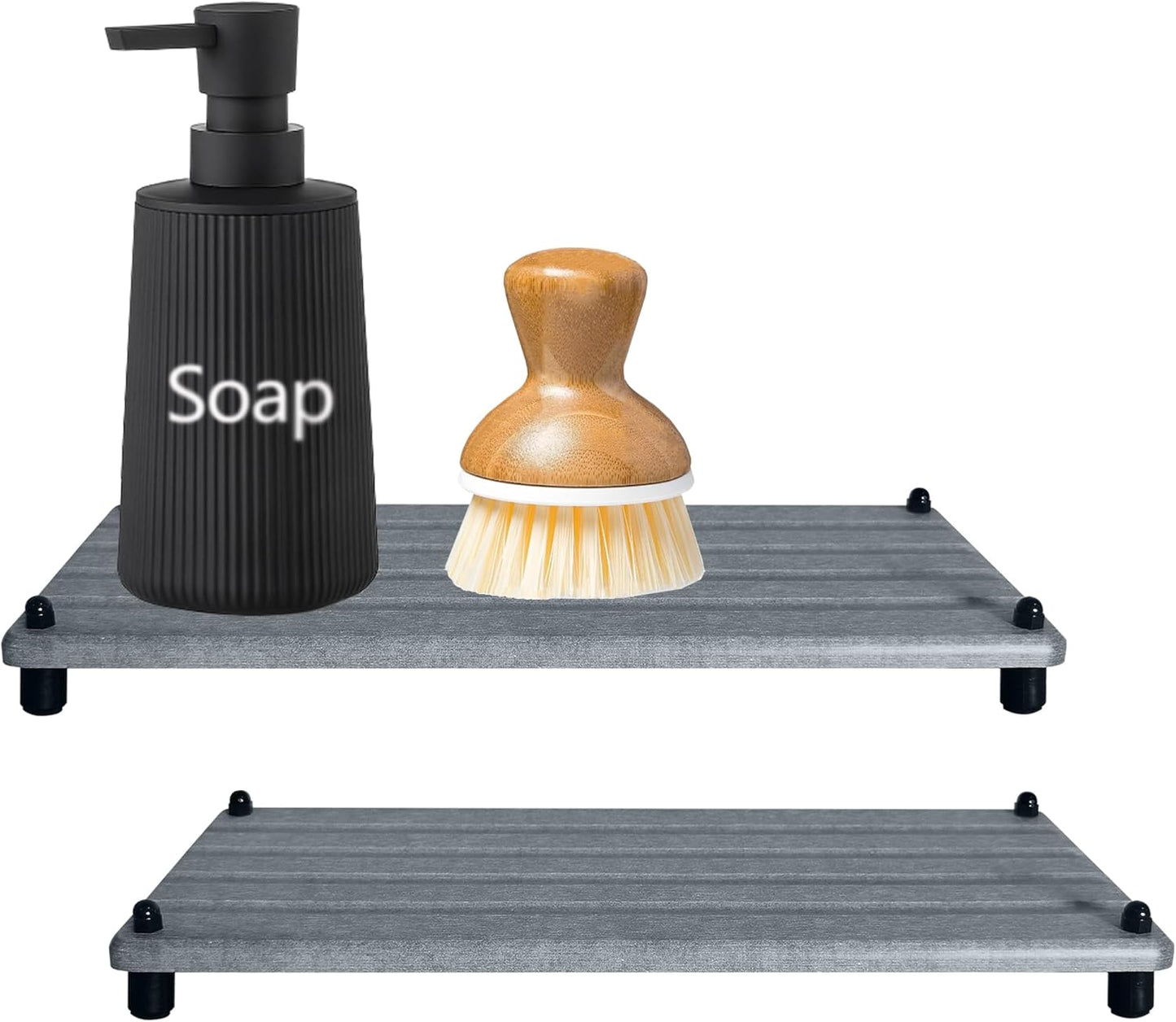 2 PCS Water Absorbing Stone Trays for Bathroom Counter, Fast-Drying Faucet Mat for Kitchen Sink, Diatomite Sink Caddy, Hand Soap Holder with Anti-Skid Feet(11" x 4.7" Gray)