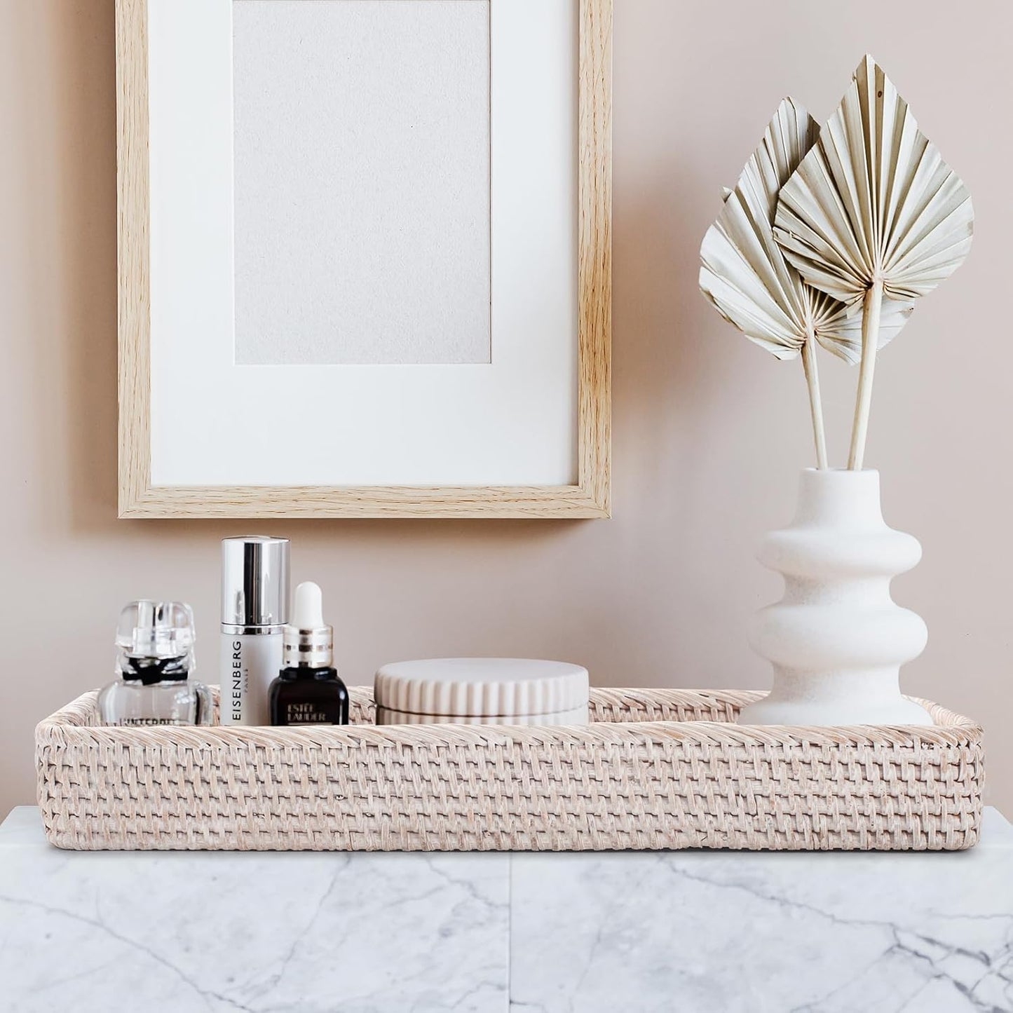 Rattan Bathroom Vanity Trays Toilet Tank Baskets Long Narrow Hand Towel Storage Basket for Storage, Decorative (Whitewash 16.3 x 6.1 x 2 inch)