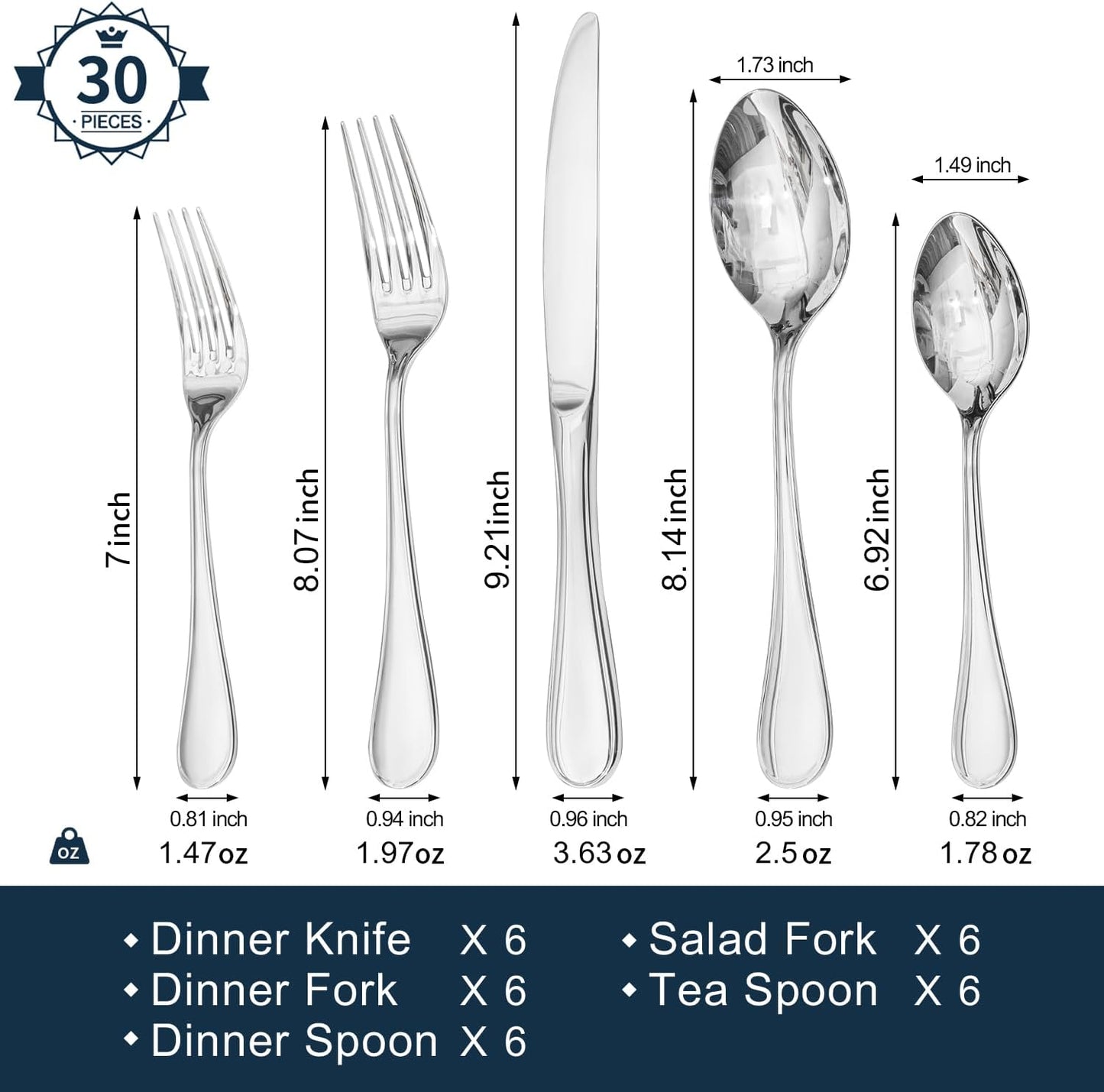 KINGSTONE 30 Piece Teardrop Silverware Set for 6, 18/10 Stainless Steel Flatware Set, Modern Design Cutlery Set for Home/Hotel/Wedding,Mirror Polished and Dishwasher Safe