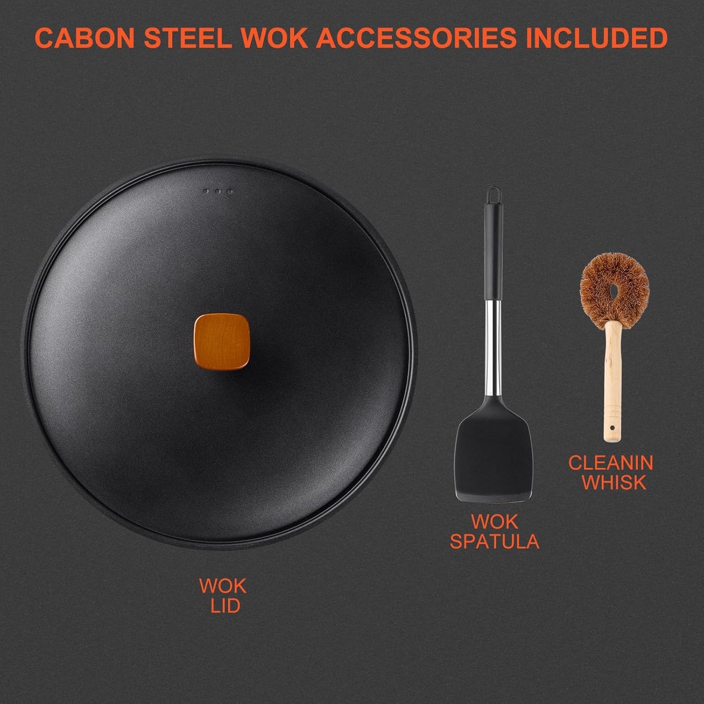 Carbon Steel Wok Pan - 12.9" Woks & Stir-Fry Pans Nonstick with Spatula: Flat Bottom Wok for Electric, Induction and Gas Stoves