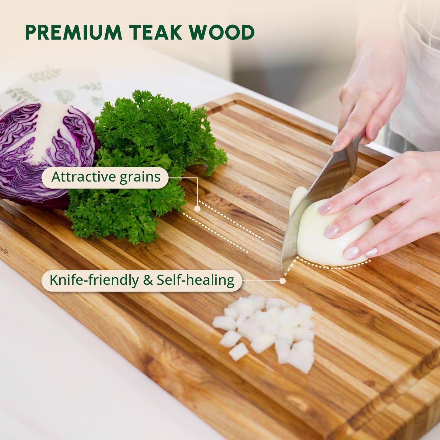 BEEFURNI Teak Wood Cutting Board with Juice Groove Hand Grip (XL, 24x18x1.5"), Wooden Cutting Board for Kitchen, Butcher Block, Charcuterie Boards, Christmas Gifts, 1-year Manufacturer Warranty