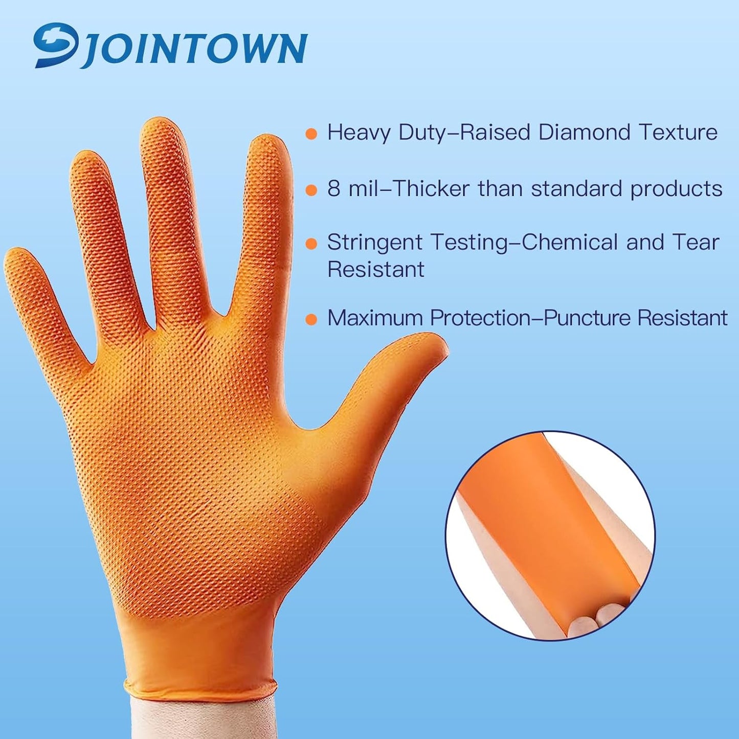 Jointown Basic Heavy Duty Nitrile Gloves, Mechanic Gloves 8 Mil Nitrile Disposable, with Raised Diamond Texture, Case of 1000, Orange, XLarge