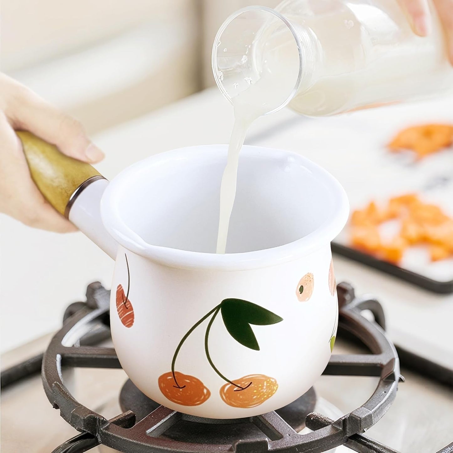 Enamel Milk Pot, Small Saucepan Butter Warmer 4 Inch 17 Oz with Wooden Handle for Heating Smaller Liquid Portions