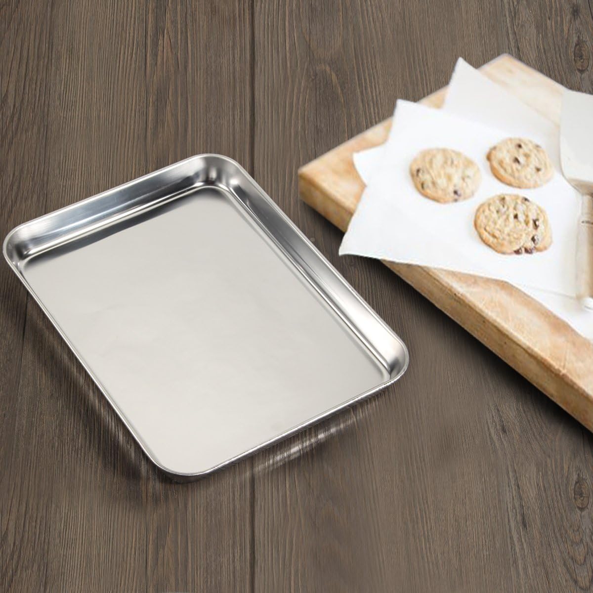 Baking & Cookie Sheets Set of 4, Yododo Stainless Steel Compact Toaster Oven Pan Tray Ovenware Professional, Size 10.23 x 8.26 x 1 inch, Heavy Duty, Deep Edge, Superior Mirror Finish, Dishwasher Safe