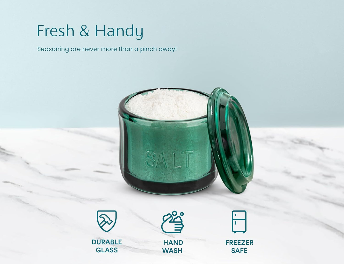 KooK Glass Salt Cellar, with Lid, Embossed Pressed Glass, Clear Storage Container, for Coffee, Sugar, Spices and Candies, 10 oz (Emerald Green)