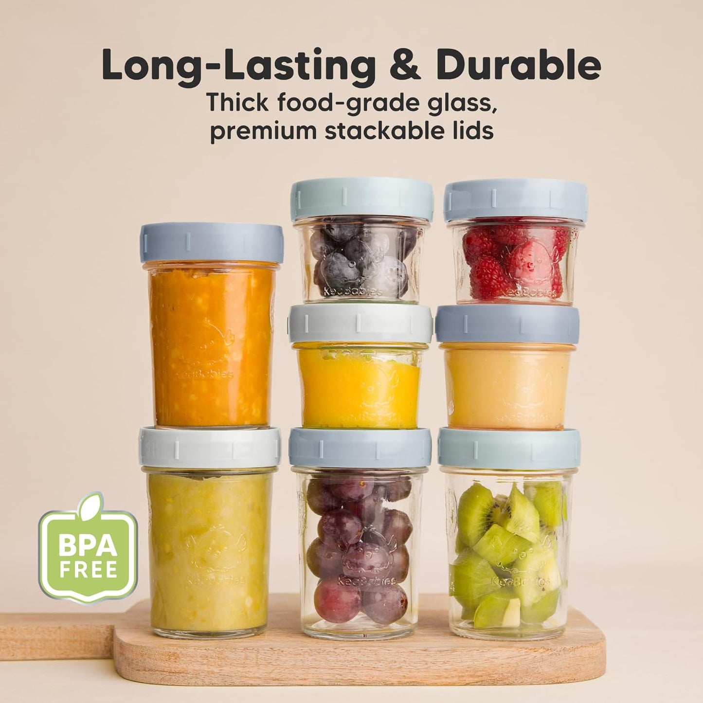 KeaBabies 4pk 8oz Glass Baby Food Containers with Lids - Leak-Proof, Microwavable Small Glass Jars, Baby Purees & Toddler Snack Storage Containers, BPA-Free, Dishwasher & Freezer Safe (Slate)
