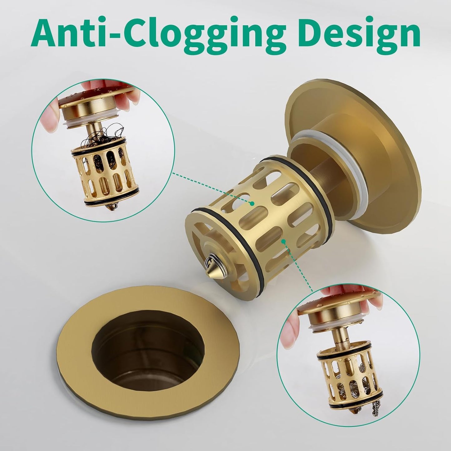 Bathroom Pop up Drain with Overflow, Anti-Clogging Vessel Sink Drain Strainer, Pop Up Drain with Detachable Basket, Hair Catcher Bathroom Sink Drain Stopper (Brushed Gold, with Overflow)