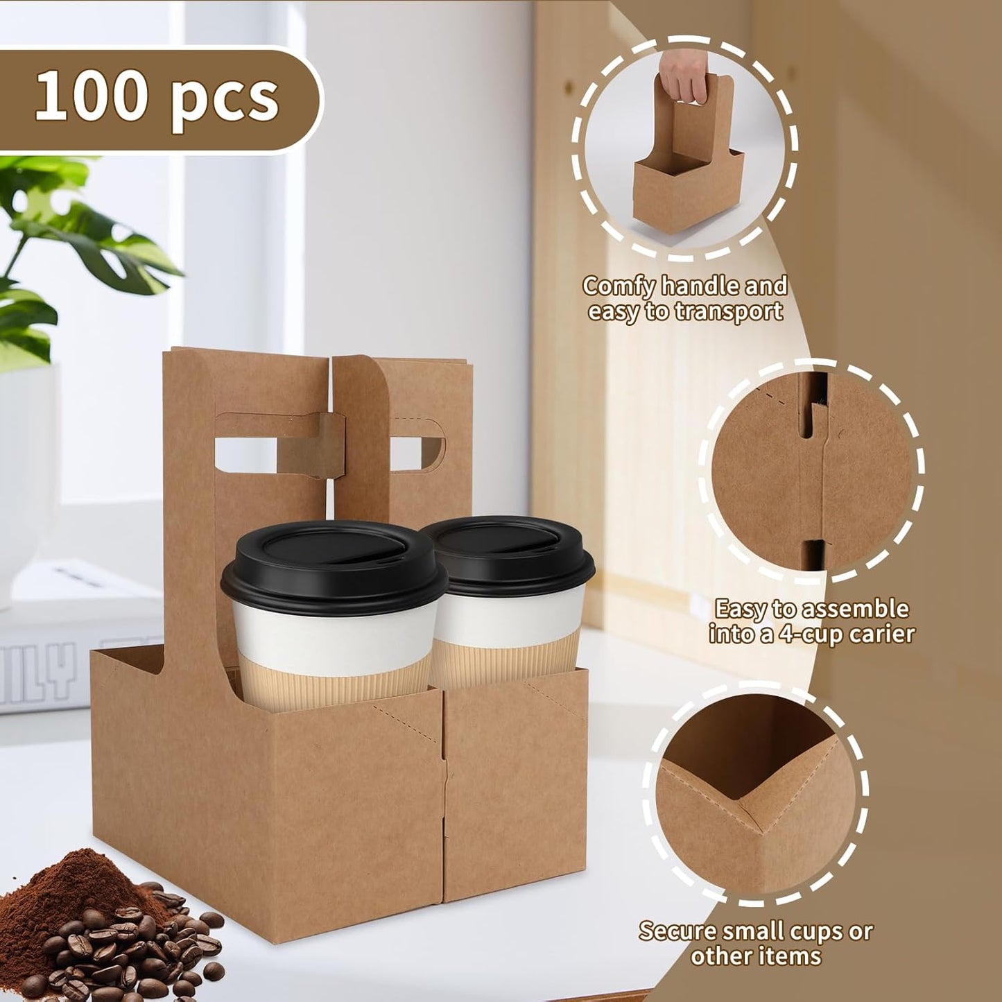 100 Pcs Coffee Drink Carrier with Handle (12-30oz) 2 Cups or 4 Cups,Disposable Paperboard Cup Holder with Handle,Disposable Cup Holders for Drinks,Great for All Your Drink and Food Delivery