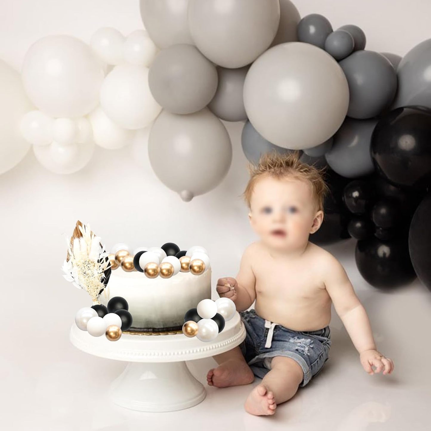 Gyufise 21 Pack Flower Boho Cake Topper Ball Cake Decorations Palm Leaves Plants Cake Decor for Girl Bohemian Princess Theme Wedding Baby Shower Birthday Party Supplies White Gold