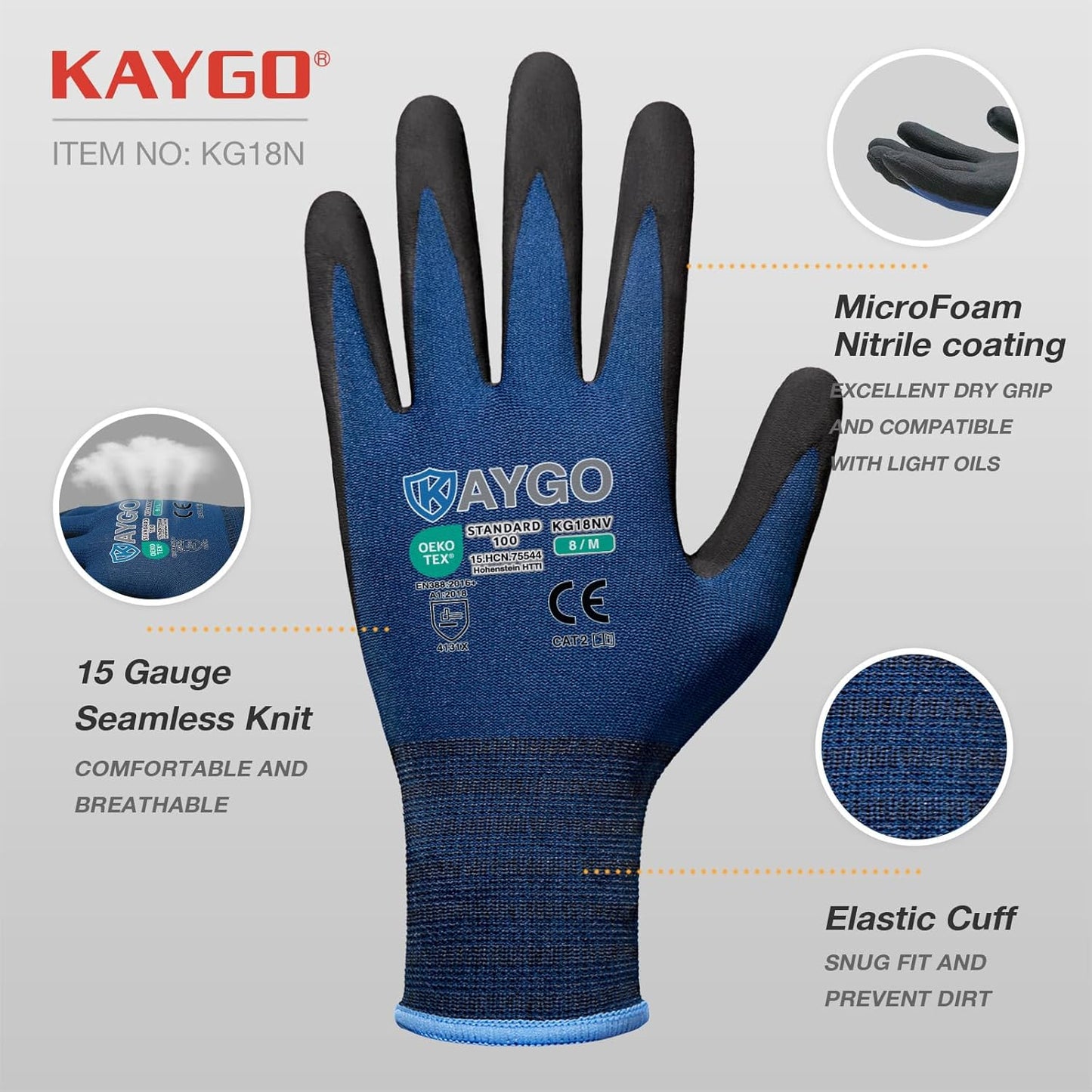 KAYGO Safety Work Gloves MicroFoam Nitrile Coated-12 Pairs, KG18NB,Seamless Knit Nylon Glove with Black Micro-Foam Nitrile Grip,Ideal for General Purpose,Automotive,Home Improvement, Dark Blue, XL