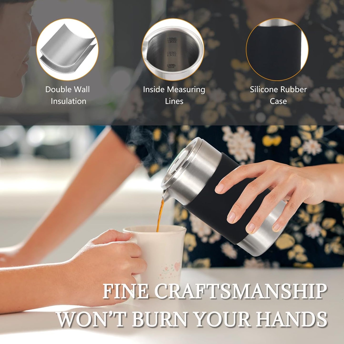 French Press Coffee Maker Set, Portable French Press with Mini Coffee Canister and Collection Bag, Single Serve 1 Cup Small Stainless Steel Double Walled Coffee Press 350ml/12oz