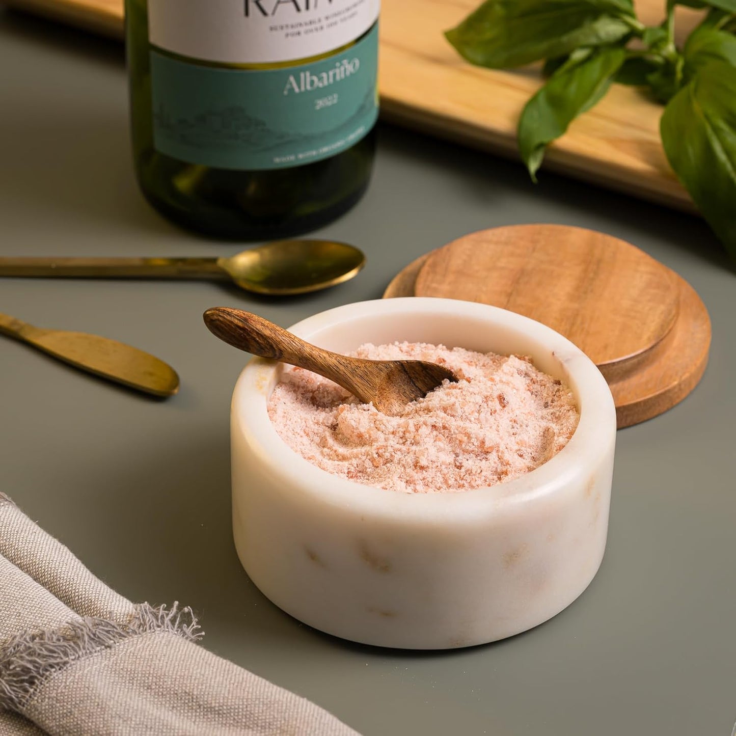 Cork & Mill White Marble Salt Cellar with Acacia Wood Lid and Spoon - Elegant Modern Handcrafted Container for Countertop - Keeps Spices Dry - Wide 4” Salt Pig with Non-Skid Feet