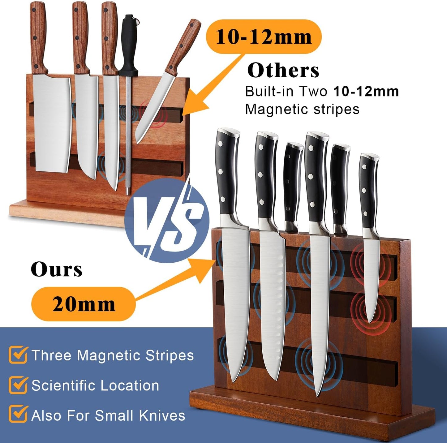 ENOKING Magnetic Knife Block 12.5 x 9 Inches, Double Side Magnetic Knife Holder Built in Three Powerful Magnets Strip, Acacia Wood Universal Knife Storage Organizer for Kitchen Counter