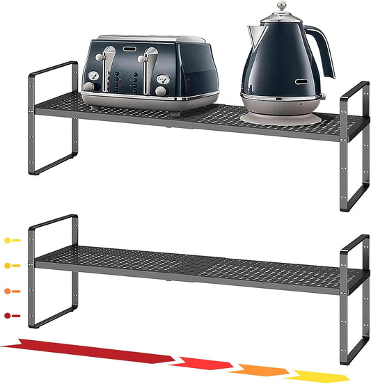 Hole Pattern Expandable Shelf Organizer,2Pack 8.1" Wide Easy to Assemble Cabinet Organizer Shelf, 16.5~27.1" Adjustable Height&Stackable Spice Organization for Cupboard, Black