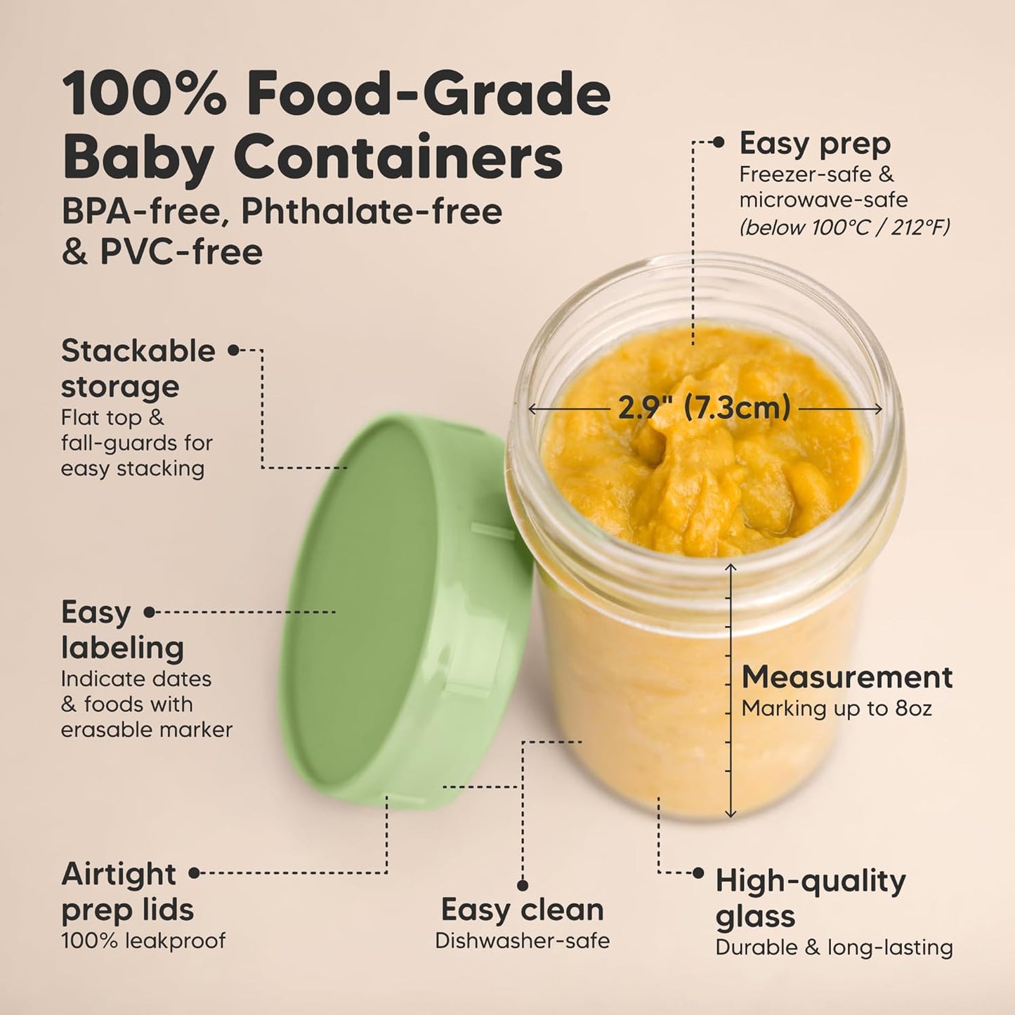 KeaBabies 4pk 8oz Glass Baby Food Containers with Lids - Leak-Proof, Microwavable Small Glass Jars, Baby Purees & Toddler Snack Storage Containers, BPA-Free, Dishwasher & Freezer Safe (Nord)