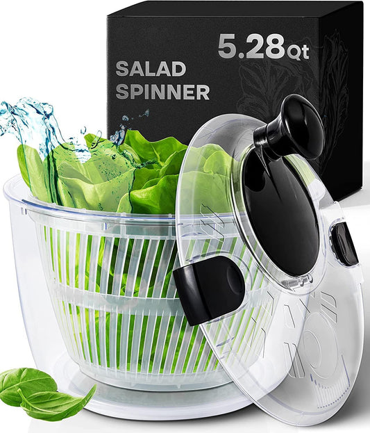 Joined Large Salad Spinner with Drain, Bowl, and Colander - Quick and Easy Multi-Use Lettuce Spinner, Vegetable Dryer, Fruit Washer, Pasta and Fries Spinner - 5.28 Qt