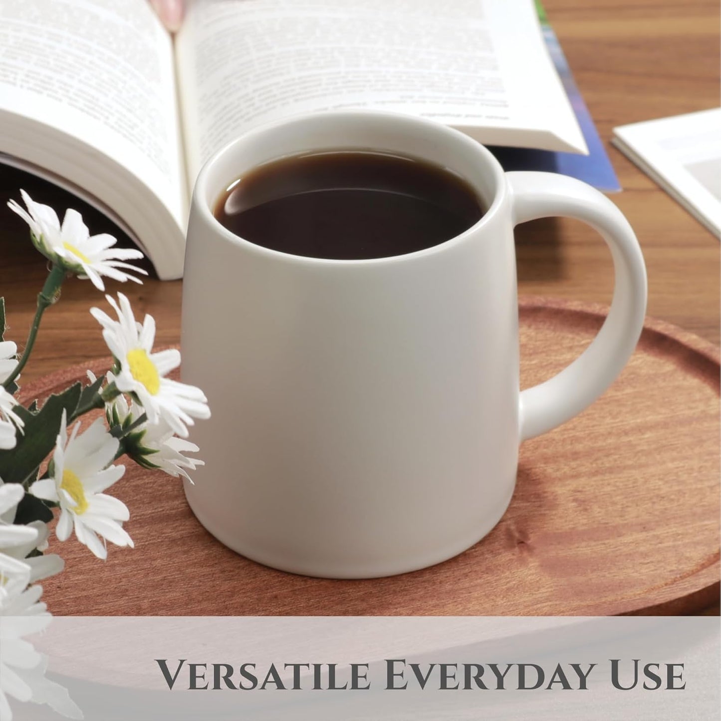 Classic Mug, 14 oz Large Coffee Mug with Handle, Ceramic Porcelain Tea Cup, Smooth Matte (Sliding Lid, Set of 4, Red White Black and Navy Blue)