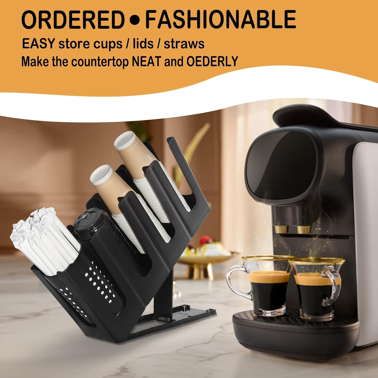 Cup Holder Lid Dispenser with Straw Organizer,4 Compartment 7 Adjusting,Cup Storage Organizer for Breakroom Countertop Coffee Station Bar Restaurant
