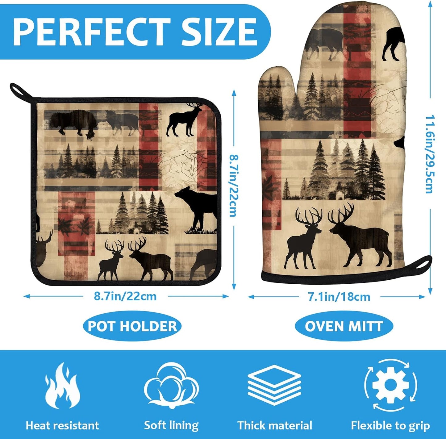 Deer and Bear Oven Mitts and Pot Holders Sets Heat Resistant 4Pcs Wild Animal Potholders Oven Gloves Hot Pads for Kitchen Baking Cooking Grilling BBQ