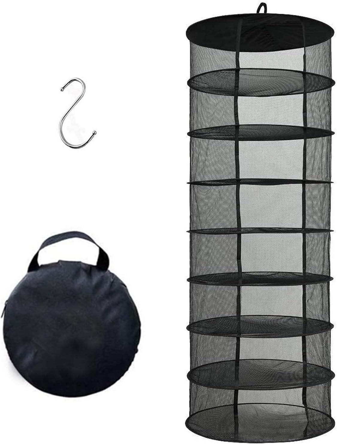 Desy & Feeci Herb Drying Rack Hanging, 8 Layer Collapsible Mesh Dry Net Herb Dryer with S Hang Buckle and Storage Bag, Black (Diameter 60 cm)