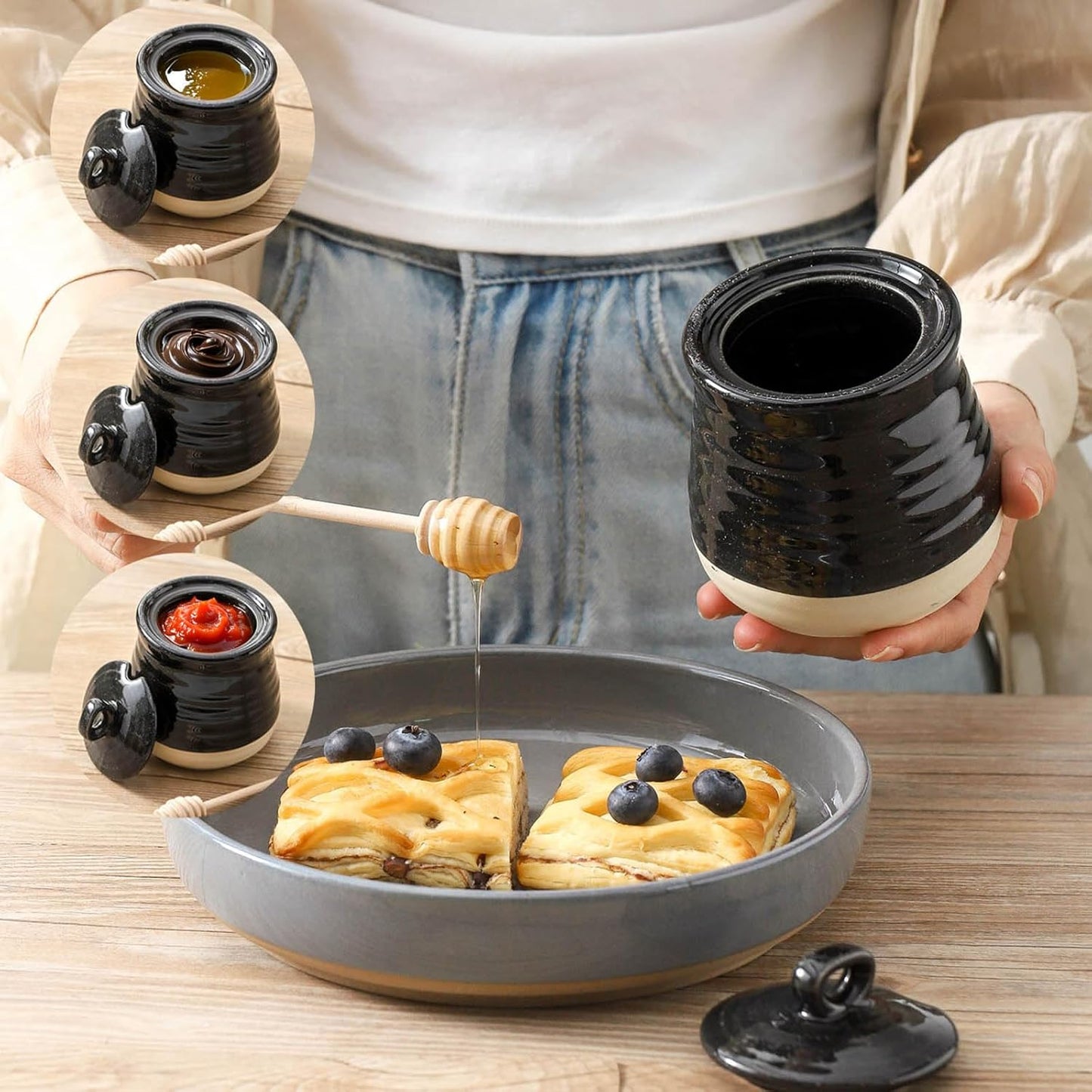 Ceramic 12 Ounce Honey Jar and Dipper Set,Porcelain Honey Pot with Lid and Wooden Dipper,Cute Honey Containers for Party,Holiday,Halloween Favors,Farmhouse Kitchen Decor,Dishwasher Safe,Black