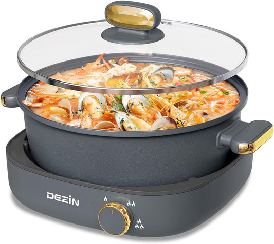 Dezin Electric Shabu Shabu Pot with Removable Pot, 4L Non-Stick Hot Pot Electric with Dual-Power Control, Electric Pot with Tempered Glass Lid for Party, Family and Friend Gathering