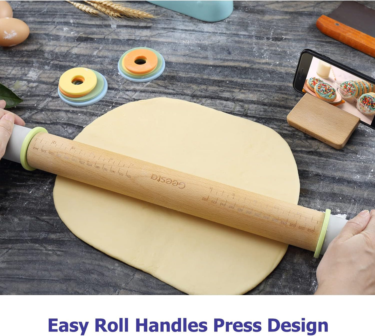 Geesta Adjustable Wood Rolling Pin with 5 Thickness Rings, Precise Dough Roller Handle Press Design with Measurement Guide for Baking Fondant, Pie Crust, Cookie, Pastry - Baking Essential