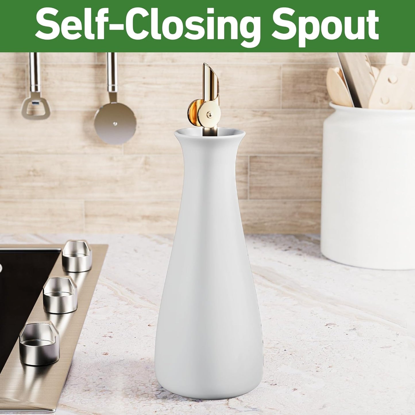 Ceramic Olive Oil Dispenser with Self-Closing Gold Spout - 530 ML Capacity Matte White Ceramic Oil Dispenser for Kitchen - Leak Proof EVOO Dispensing Bottle - Stylish, Ergonomic, Durable, Easy Pour