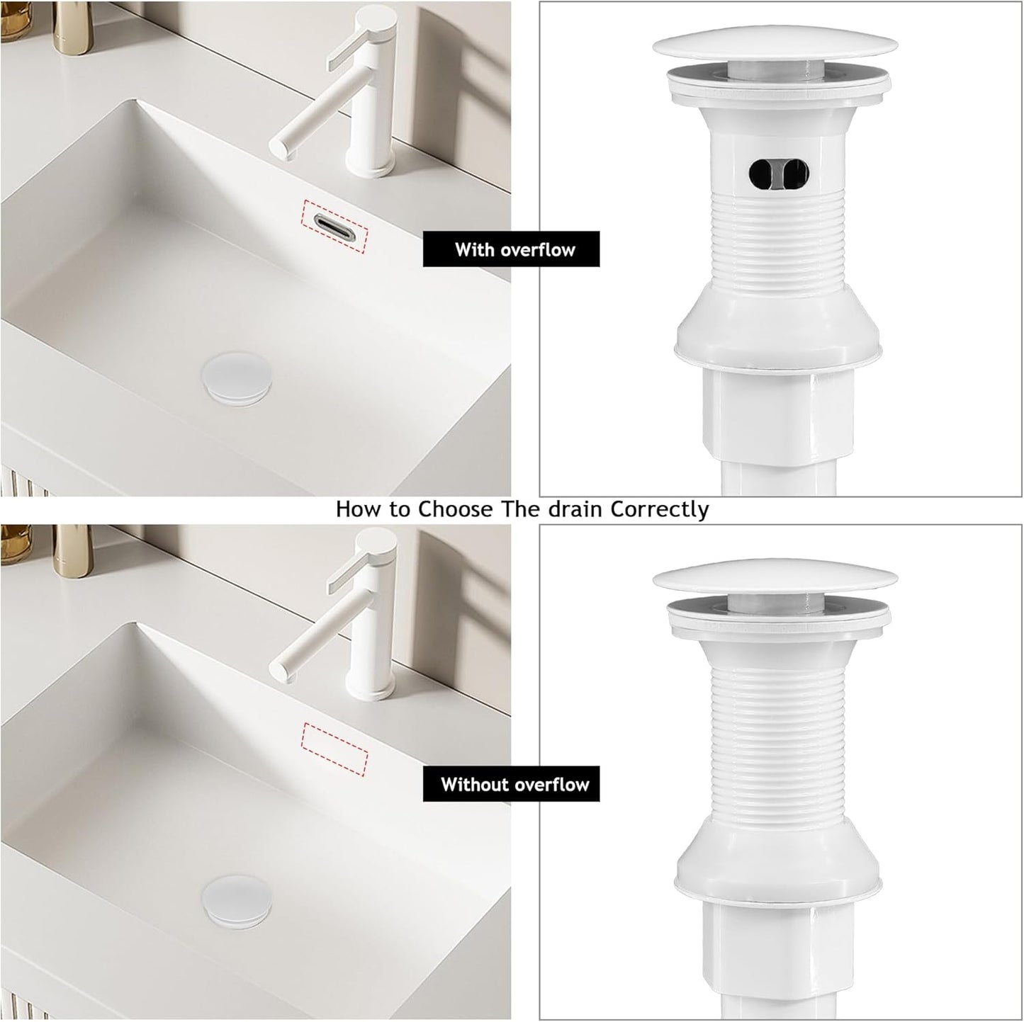 Bathroom Sink Drain,Drain Stopper Bathroom Sink with Overflow,Pop Up Drain Assembly with Detachable Strainer Basket,Built-in Anti-Clogging, Stainless Steel Nut White