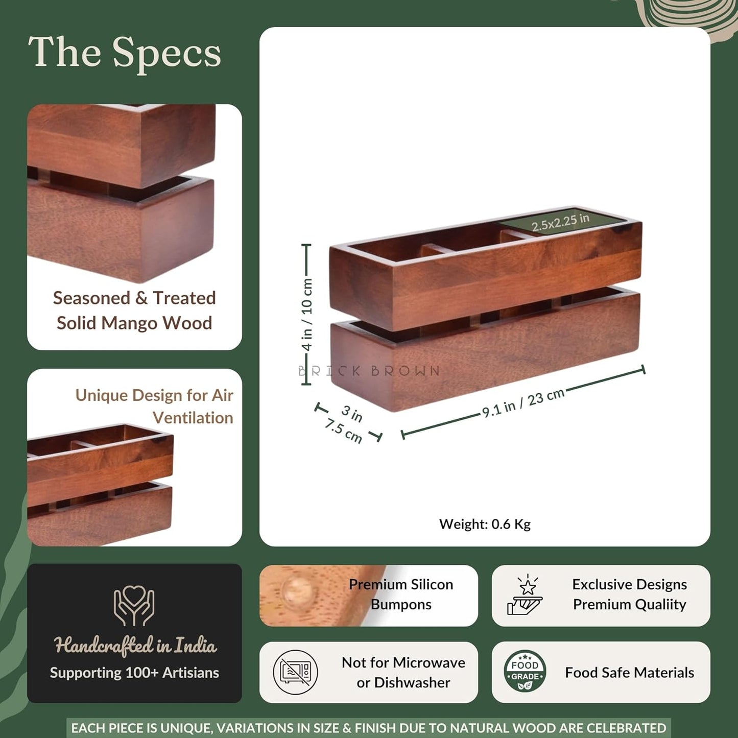 Brick Brown Premium Handcrafted 3-Partition Wooden Cutlery Holder Storage Spoon, Knife, Fork, Chopstick Caddy Self Organizer Stand for Home Kitchen Tableware Restaurant in Mahogany(9.1x3x3.9Inch)